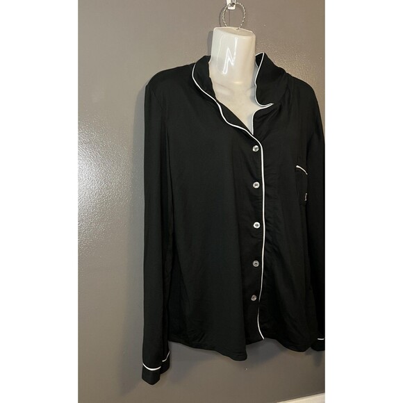 Born Pajama Shirt Womens Large Black Button Front Long Sleeve Piped Sleepwear - Picture 2 of 6